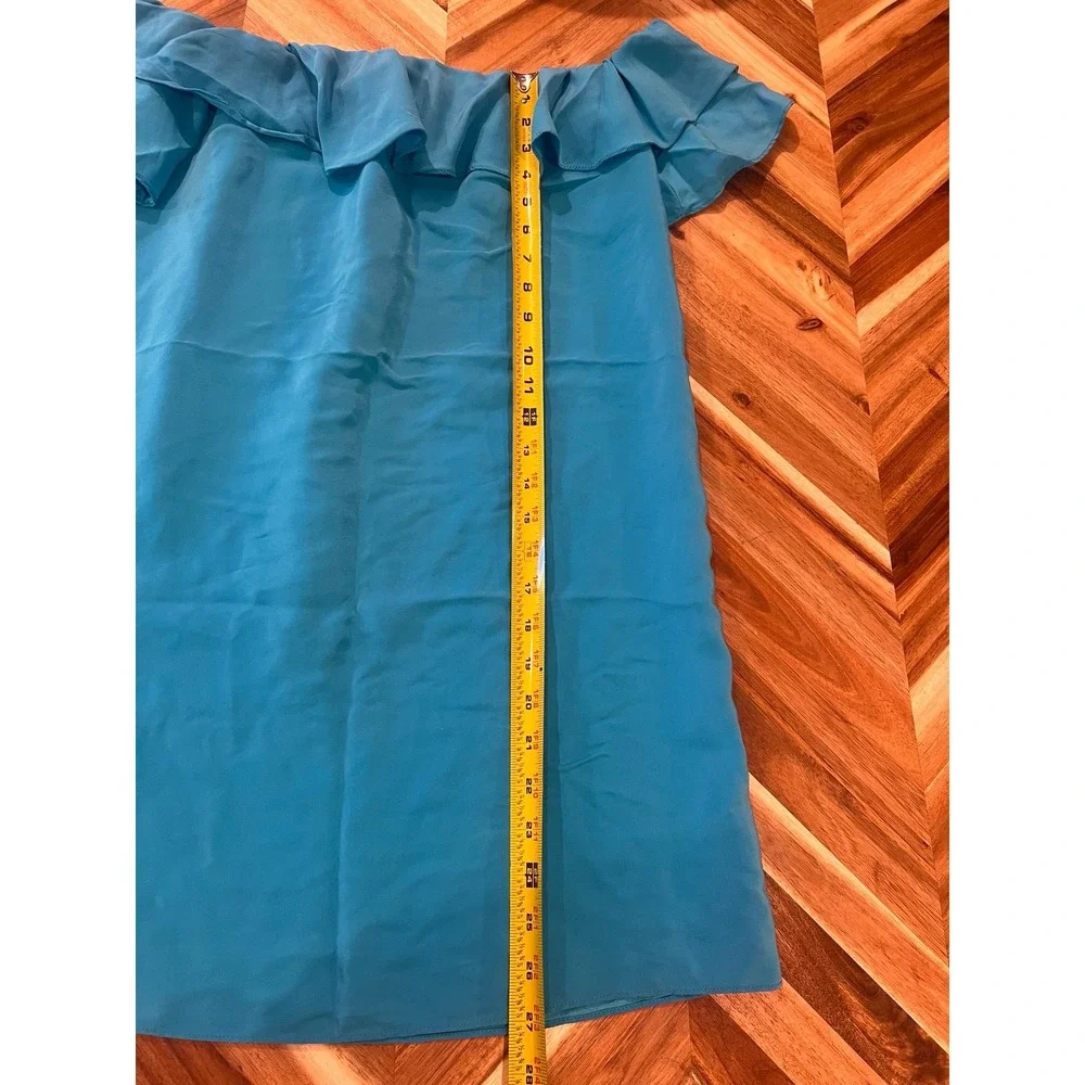 Amanda Uprichard 100% Silk Mini Dress Off the Shoulder Blue Teal - Picture 6 of 6